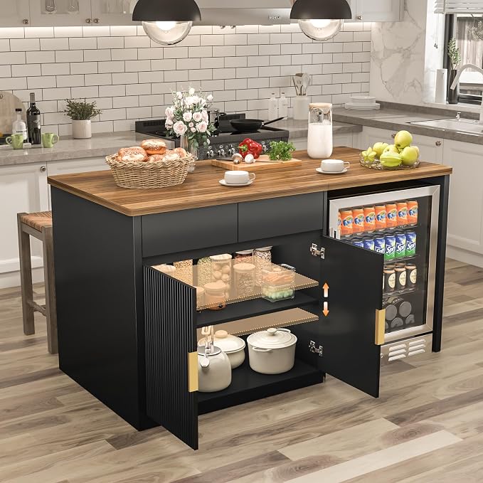 GDLF 60.7" W Large Kitchen Island with Storage and Fridge Space, Modern Kitchen Bar Island Table and Dining Table with Drawers