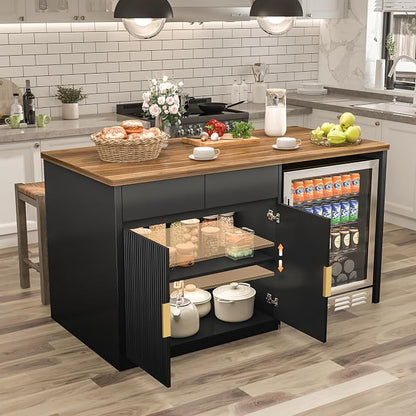 GDLF 60.7" W Large Kitchen Island with Storage and Fridge Space, Modern Kitchen Bar Island Table and Dining Table with Drawers