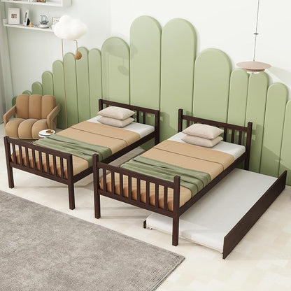 Merax Twin-Over-Twin Bunk Bed with Movable Trundle, Solid Wood Detachable Bunk Bed with Safety Guardrial and Ladder, Can be Converted Into 3 Separate Beds (Espresso)