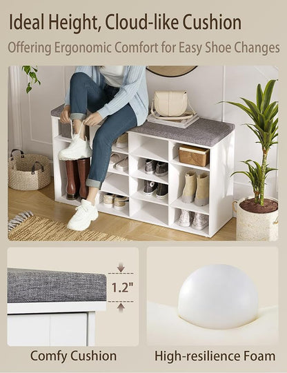 DINZI LVJ Shoe Storage Bench with Cushion, 16-Cubby Shoe Rack, Adjustable Shelves, Multifunctional Shoe Organizer Bench for Entryway, Mudroom, Hallway, Living Room, Bedroom and Garage, White