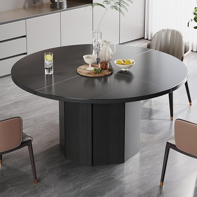 HSH Black Round Dining Table, 47” Modern Dinner Table only for 4-6 People, Modern Circle Kitchen Table for Home Living Room, Wood and Metal Dining Room Desk with Octagon Base, Black Oak, 47 Inch