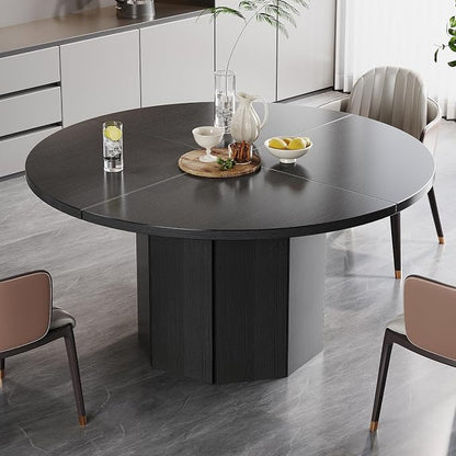 HSH Black Round Dining Table, 47” Modern Dinner Table only for 4-6 People, Modern Circle Kitchen Table for Home Living Room, Wood and Metal Dining Room Desk with Octagon Base, Black Oak, 47 Inch