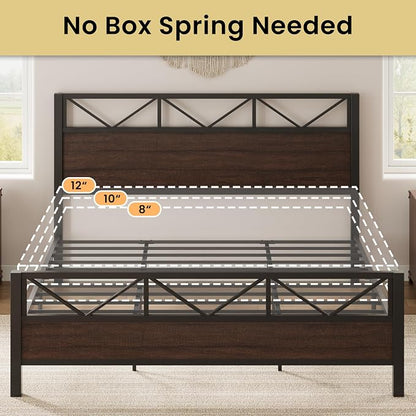 LIKIMIO California King Bed Frame, Tall Industrial Headboard 51.1 ", Platform Bed Frame with Strong Metal Support, Solid and Stable, Noise Free, No Box Spring Needed, Easy Assembly, Dark Brown