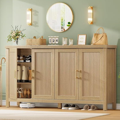 TEENFON Buffet Cabinet with Storage, 63" Fluted Sideboard Cabinet with 4 Adjustable Shelves, Modern Coffee Bar with 4 Doors, Coffee Bar Cabinet for Kitchen, Living Room, Natural