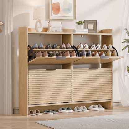MU 46.5" W Fluted Shoe Storage Cabinet for Entryway, Shoe Cabinet with 4 Flip Drawers, Narrow Wood Shoe Rack Cabinet, Freestanding Hidden Shoe Organizer with Wooden Legs for Hallway, Entrance, Oak