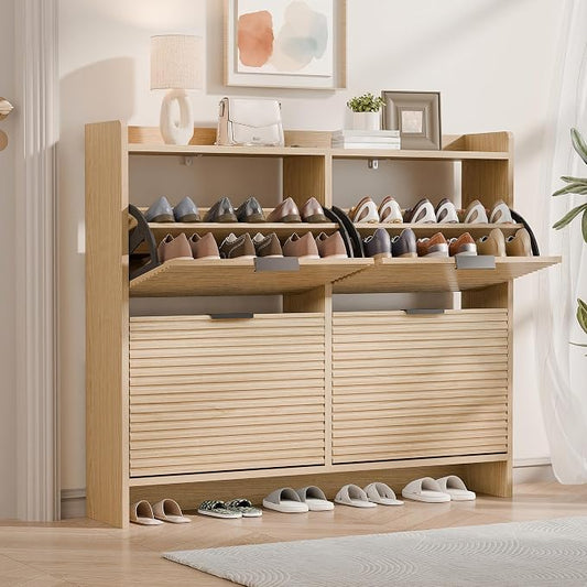 MU 46.5" W Fluted Shoe Storage Cabinet for Entryway, Shoe Cabinet with 4 Flip Drawers, Narrow Wood Shoe Rack Cabinet, Freestanding Hidden Shoe Organizer with Wooden Legs for Hallway, Entrance, Oak