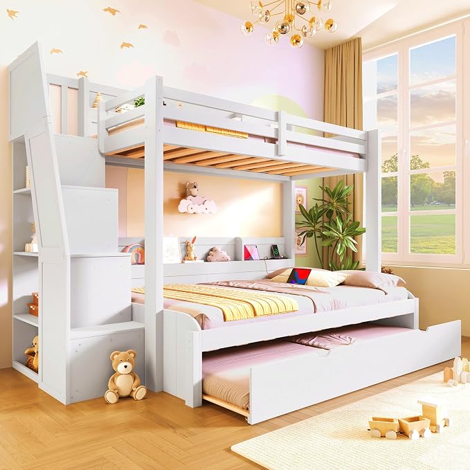 Twin Over Full Bunk Bed with Storage Staircase and Trundle,Storage Shelves, LED and USB,for Kids Teens Adults Bedroom Use (White-USB, Twin Over Full)