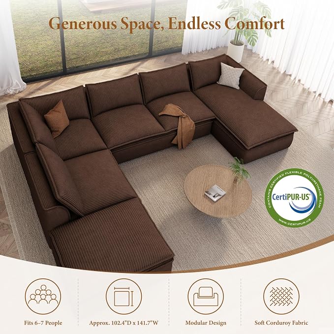 Vesgantti 141.7" Oversized Boneless Sectional Couch, Modern 7 Seater Modular Sofa with Chaise & Ottoman, Deep Seat Corduroy Cloud Couches for Living Room, No Assembly Required, Dark Brown