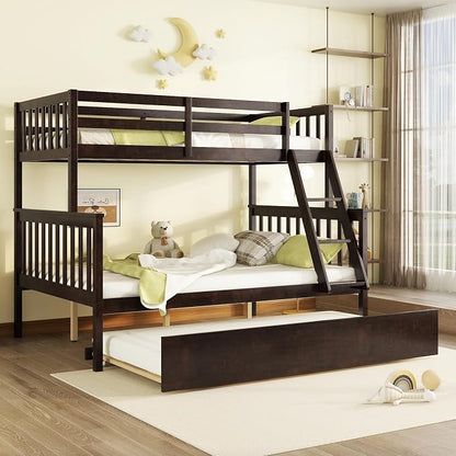 Harper & Bright Designs Convertible Wood Twin-Over-Full Bunk Bed with Trundle and Ladder - Can Be Divided Into Two Platform Beds, Espresso