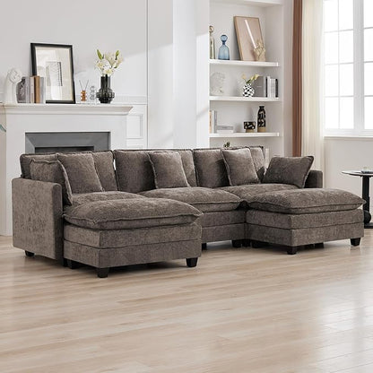 111'' Sectional Cloud Deep Seat Couch, Oversized Chenille U Shaped Sectional Sofa for Living Room Set, Comfy Upholstered Modular 3-Seats Sectional Sofa Couch with 2 Movable Ottoman, Brown