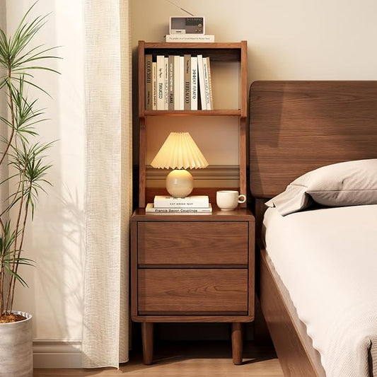 Solid Wood Bookshelf with Drawers,Narrow bookcase with Storage Shelves,Tall Nightstand with Drawers,Mid Century Modern Nightstand,Open Shelf Bookcase,Small Book Shelf for Bedroom,Living Room,Offices