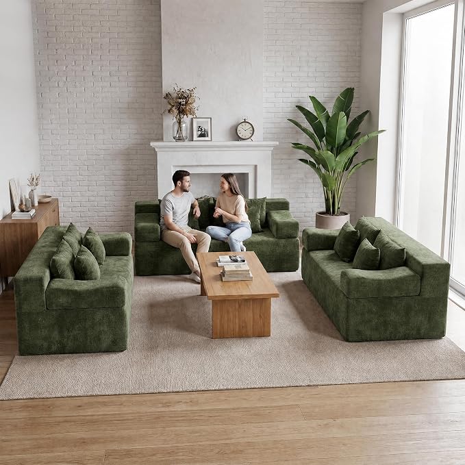 MONVANE 3-Piece Boneless Loveseat Couch Set for Living Room, Oversized Modular Sectional Sofa Set with Removable Armrests, Comfy Chenille Cloud Couch with 12 Pillows, No Assembly Required, Green