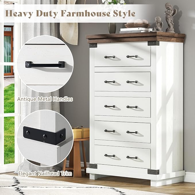 AMERLIFE 2 Pieces Farmhouse Bedroom Set, Includes Wood Rustic King Size Bed Frame with 51" Tall Headboard, 48" Tall 5 Drawers Dresser Chest, Heavy Duty Thick Plank Styling, Antique White