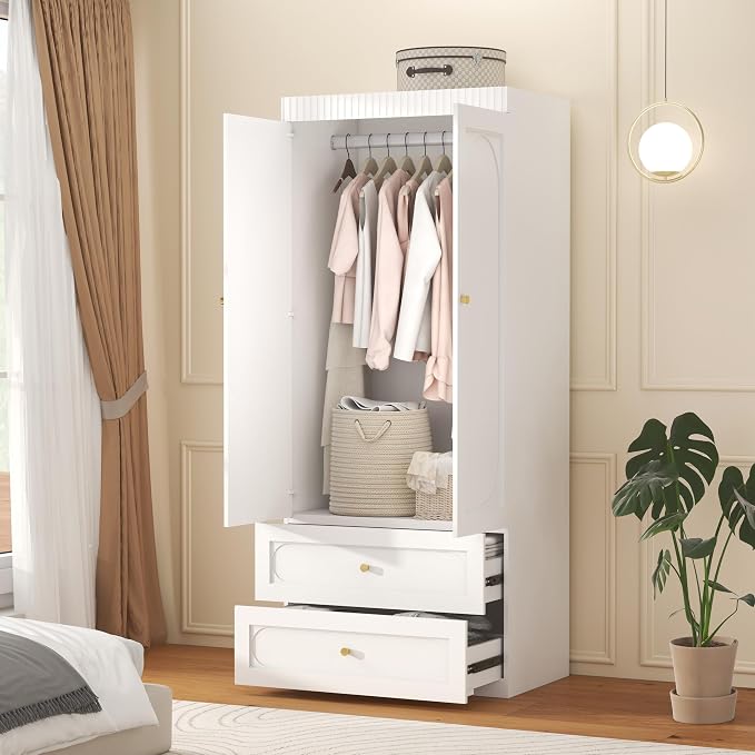 Wooden Wardrobe Closet with Doors: 75" Tall White Armoire Wardrobe Closet with 2 Drawers and 2 Doors, Modern Clothes Cabinets for Bedroom Armoires with Hanging Rod (2-Drawers, 31.5")