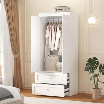 Wooden Wardrobe Closet with Doors: 75" Tall White Armoire Wardrobe Closet with 2 Drawers and 2 Doors, Modern Clothes Cabinets for Bedroom Armoires with Hanging Rod (2-Drawers, 31.5")