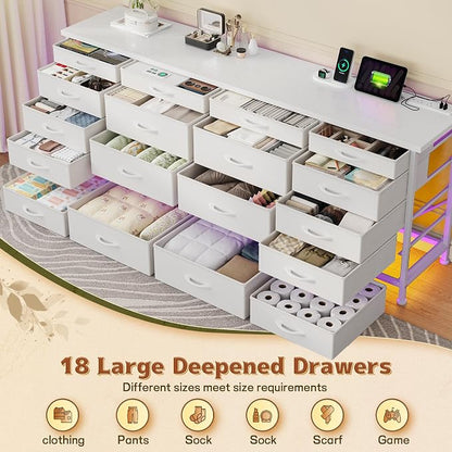 EnHomee 63" W White TV Stand for Living Room, 18 Drawers, LED & Charging | Long Dresser for 65"-75" TV, Deep Drawer, Spacious Storage, Drawers Glide, No Wobbling, Anti-tip, Easy Assembly, Wipes Clean