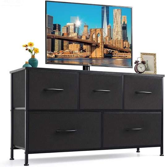 5-Drawer Dresser for Bedroom, Anti-Tip Wide Storage Organizer Fabric Chest of Drawers TV Stand for 45" TV with Wooden Top and Metal Frame for Closet, Living Room, Hallway, Entryway, Black