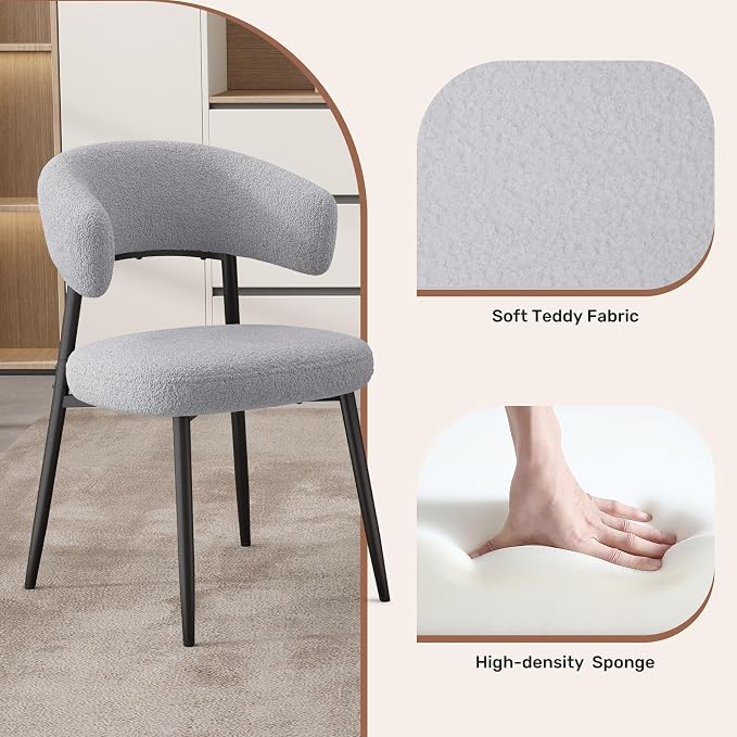 Dining Chairs Set of 2, Mid Century Modern Kitchen Chairs, Boucle Upholstered Dining Chair with Curved Backrest & Metal Legs for Kitchen Dining Room, Grey