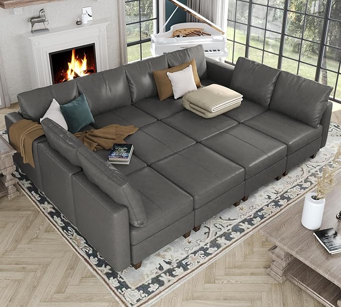 EASE MOOSE Oversized Modular Sectional Sleeper Sofa with Storage, Faux Leather sectional Sofa Large Modular Sofa Couch Sleeper for Living Room,Grey