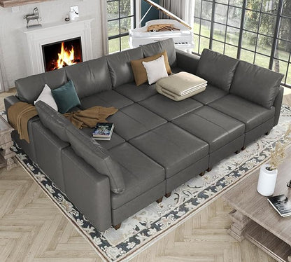 EASE MOOSE Oversized Modular Sectional Sleeper Sofa with Storage, Faux Leather sectional Sofa Large Modular Sofa Couch Sleeper for Living Room,Grey