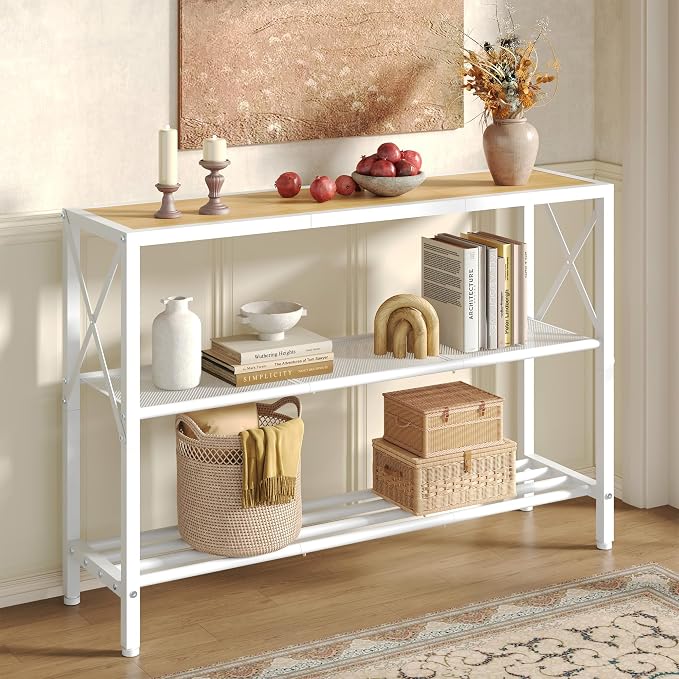 Hoctieon Industrial Console Table, 3 Tier Entryway Tables, Hallway Desk, Narrow Sofa Tables with Shelves, Entrance Table for Entryway, Living Room, Foyer, Hallway, Office, Oak Beige
