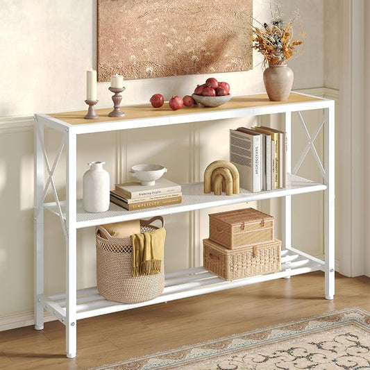 Hoctieon Industrial Console Table, 3 Tier Entryway Tables, Hallway Desk, Narrow Sofa Tables with Shelves, Entrance Table for Entryway, Living Room, Foyer, Hallway, Office, Oak Beige