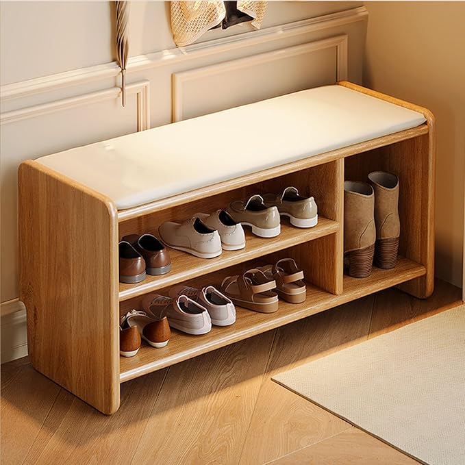 Entryway Shoe Rack Storage Bench Shoe Organizer Ottoman with Storage for Front Door Entrance Shoe Cabinet Bedroom End of Bed Bench with Padded Seat for Hallway Living Room Foyer Closet Entryway(Wood c