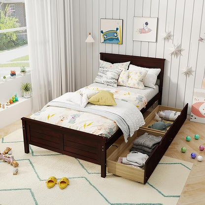 KOMFOTT Twin Size Wood Bed Frame with 2 Storage Drawers, Mid Century Platform Bed Frame with Headboard, Sturdy Wooden Slats Support, Modern Mattress Foundation, No Box Spring Required, Easy Assembly