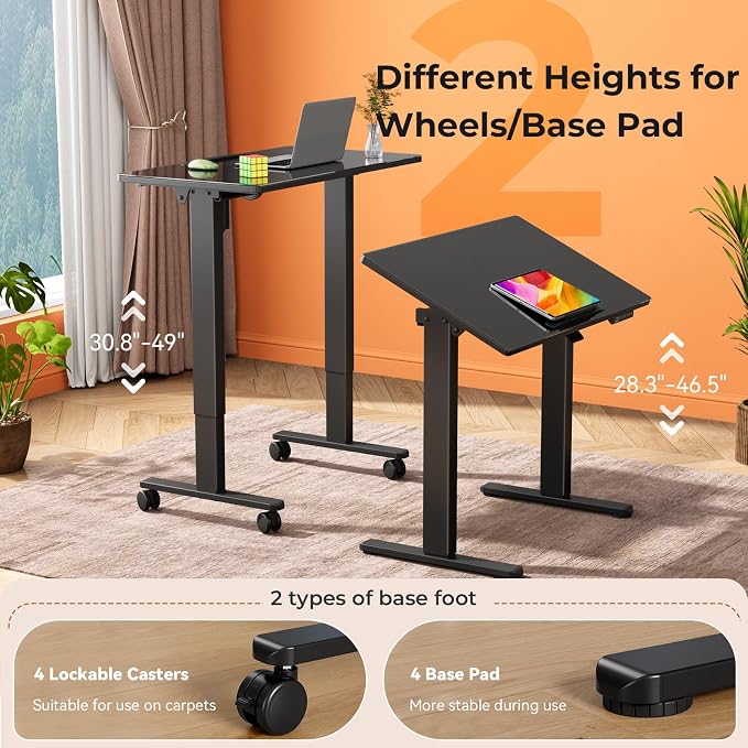 35" Black Glass Standing Desk, 90° Tilt Drafting Table on Wheels | Electric Height Adjustable Foldable One-piece Art Rising Desk, Small Mobile Sit Stand Laptop Cart with 4 Lockable Casters
