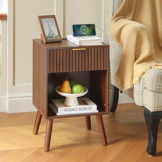 Fultyle Nightstand with Charging Station, Fluted Night Stand with USB and Type C Ports, Mid Century Modern Bedside Table with Drawer and Storage Shelf for Bedroom, Living Room, Office (Walnut Brown)