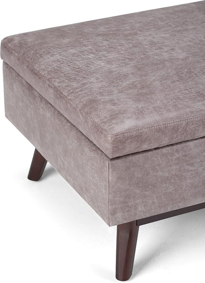 SIMPLIHOME Owen Coffee Table Storage Ottoman - 34" Wide x 19" High Upholstered Vegan Leather Rectangular Lift-Top Ottoman in Distressed Grey Taupe, Mid-Century Modern Bench with Tapered Legs