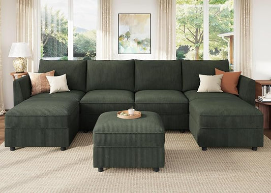 HONBAY Modular Sofa U Shaped Sectional Couch with Storage, Convertible Modular Sofa 7 Seats Sectional for Living Room - Green