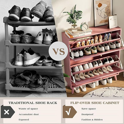 Fsbecl Shoe Storage Cabinet for Entryway with 2 Flip Drawers, Narrow Wood Shoe Cabinet with Fluted Panel, Freestanding Hidden Shoe Organizer for Foyer, Hallway (Pink - with Shelf)