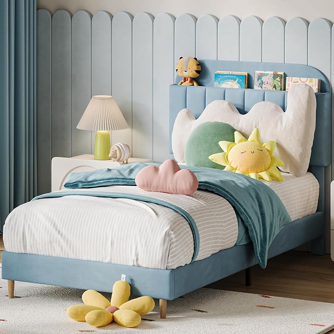 IDEALHOUSE Twin XL Bed Frames, Upholstered Platform Bed Frame with Bookcase Headboard, Velvet Platform Bed Mattress Foundation, Heavy Duty Steel Support Legs, Easy Assembly, Noise Free, Blue