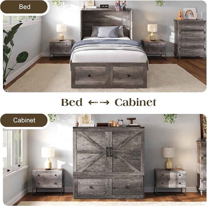 LUXOAK Twin Murphy Bed with 6" Tri-Fold Memory Foam Mattress, Storage Drawer & Charging Station, Space-Saving Design for Home Office or Guest Room, Rustic Grey