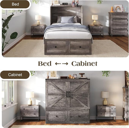 LUXOAK Twin Murphy Bed with 6" Tri-Fold Memory Foam Mattress, Storage Drawer & Charging Station, Space-Saving Design for Home Office or Guest Room, Rustic Grey
