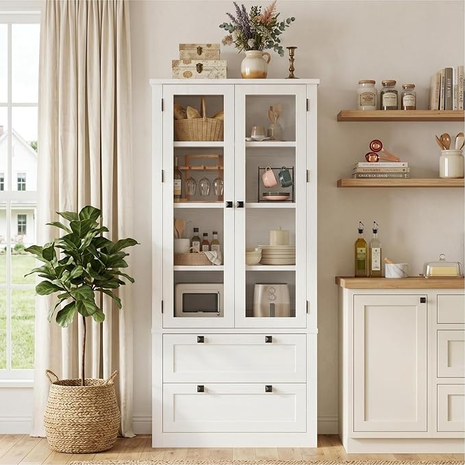 72" Tall Kitchen Pantry Cabinet - Modern Display Storage Cabinet with 2 Large Drawers, Glass Doors, and Adjustable Shelves, Farmhouse Kitchen Cupboard for Dining Room, Bathroom, Living Room, White