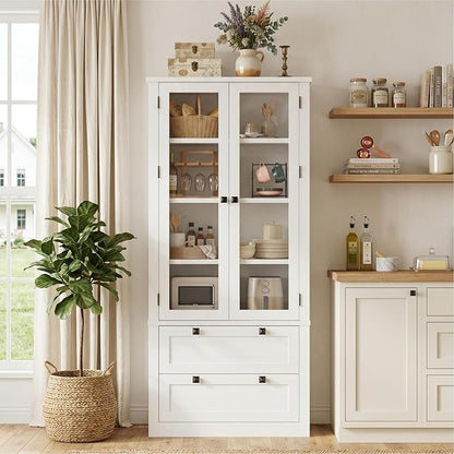 72" Tall Kitchen Pantry Cabinet - Modern Display Storage Cabinet with 2 Large Drawers, Glass Doors, and Adjustable Shelves, Farmhouse Kitchen Cupboard for Dining Room, Bathroom, Living Room, White