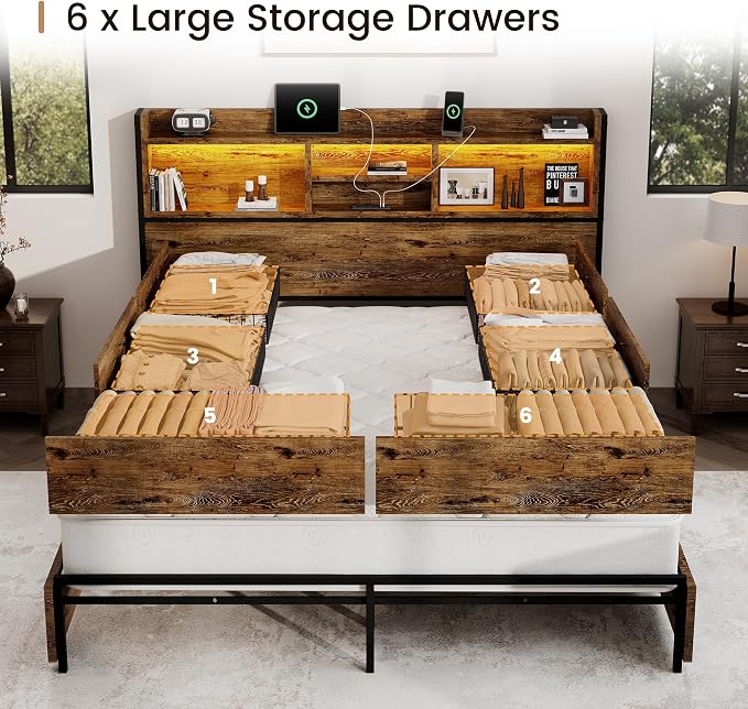 BRELTAM Queen Storage Bed Frame with 6 Drawers, USB Charging Station, No Noise, No Box Spring Required, Vintage Brown Headboard Platform Bed