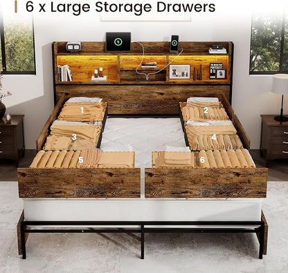BRELTAM Queen Storage Bed Frame with 6 Drawers, USB Charging Station, No Noise, No Box Spring Required, Vintage Brown Headboard Platform Bed