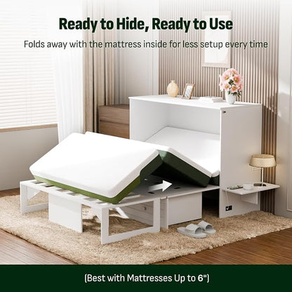 Softa Full Murphy Bed Cabinet with 4" Tri-Fold Mattress, Storage Drawer & Charging Station, 1200 Lb Heavy Duty Wood Wall Bed with Fold-Down Desk for Guest Room & Home Office, No Box Spring Needed