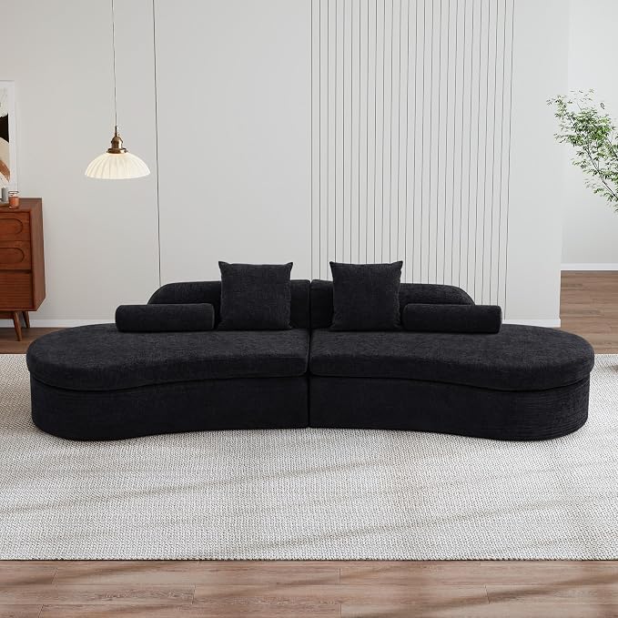 126" Curved Modular Sectional Sofa, Chenille Upholstered Cloud 4 Seater Couch for Living Room, No Assembly Modern Love Seat Sofa with 2 Bolster Pillows & 2 Square Pillows, High-Density Foam, Black