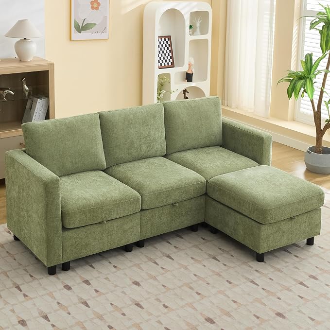 WUTUTUEE 83”L-Shaped Modular Sectional Sofa with Storage & Movable Ottoman, Convertible 4-Seat Reversible Chaise Chenille Couch for Living Room, Soft Green Fabric, Modern Design