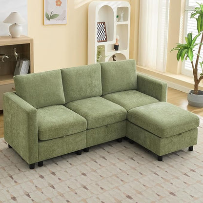 WUTUTUEE 83”L-Shaped Modular Sectional Sofa with Storage & Movable Ottoman, Convertible 4-Seat Reversible Chaise Chenille Couch for Living Room, Soft Green Fabric, Modern Design