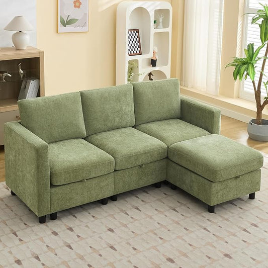 WUTUTUEE 83”L-Shaped Modular Sectional Sofa with Storage & Movable Ottoman, Convertible 4-Seat Reversible Chaise Chenille Couch for Living Room, Soft Green Fabric, Modern Design