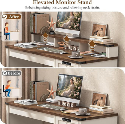 Vabches 55" Farmhouse Executive Desk with 3 Drawers, Wooden Computer Desk Home Office Desk with File Drawer (Fits A4 Size) for Work and Study, White Brown