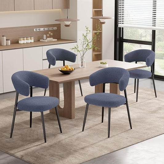 Dining Chairs Set of 4, Mid Century Modern Kitchen Chairs, Boucle Upholstered Dining Chair with Curved Backrest & Metal Legs for Kitchen Dining Room, Dark Blue