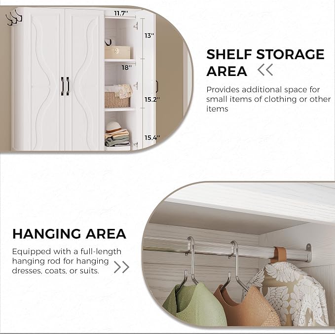 LIKIMIO Armoire Wardrobe Closet with 4 Doors and Drawers, Wardrobe Cabinet with Storage Shelves and Side Hooks, Clothing Storage Cabinet for Bedroom, White
