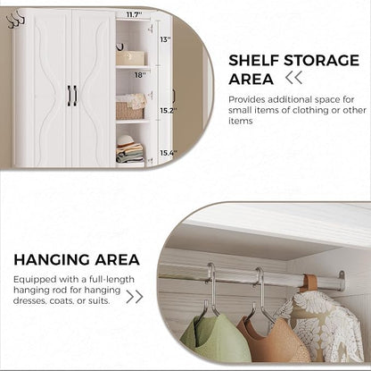 LIKIMIO Armoire Wardrobe Closet with 4 Doors and Drawers, Wardrobe Cabinet with Storage Shelves and Side Hooks, Clothing Storage Cabinet for Bedroom, White
