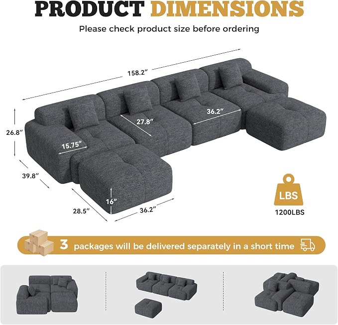 158" Modern U Shaped Modular Sectional Sofa, Boneless Couches for Living Room,6 Seater Convertible Chenille Cloud Couch Sofa Set, No Assembly Required, Grey-Black 1 PCS